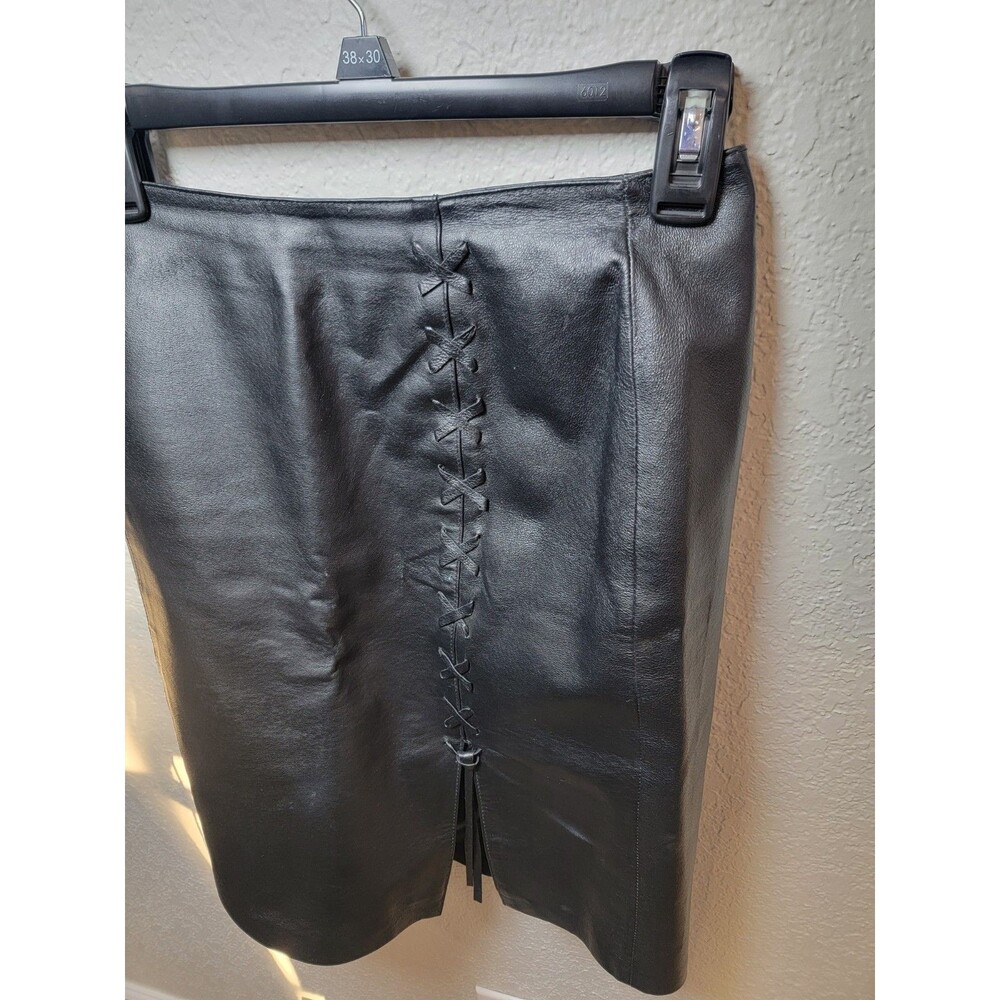 Vintage Together Black Genuine Leather Pencil Skirt Size 4 Lace Up Front Slit